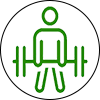 a green icon of a man holding a barbell.