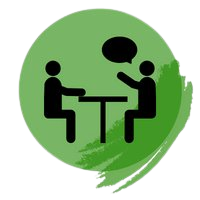 a green circle with two people sitting at a table.