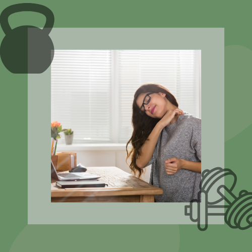 a woman is sitting at a desk with a laptop and a kettlebell.