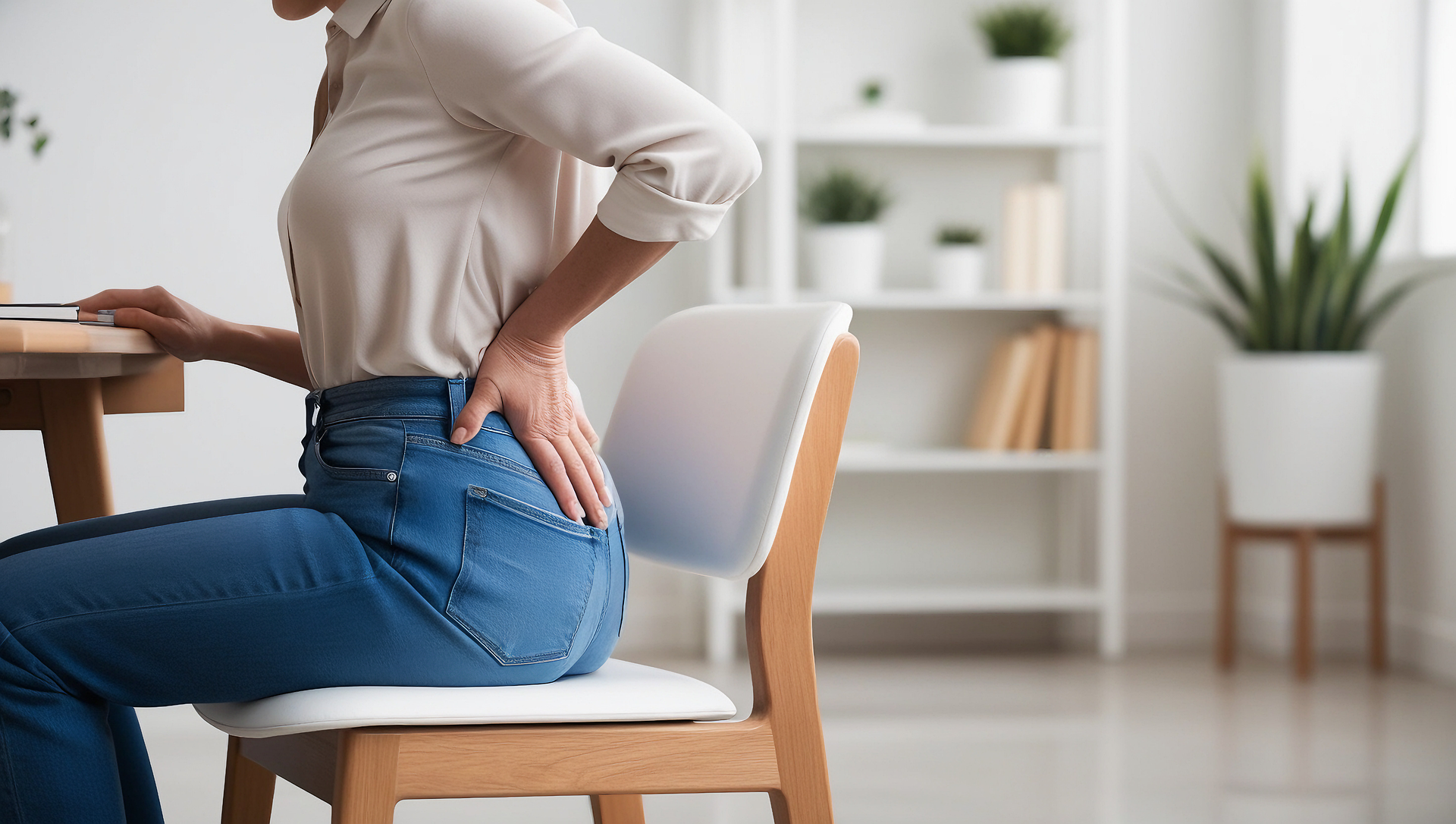 Best exercises for hip pain: person sitting at a desk holds their hip, showing discomfort while seated.