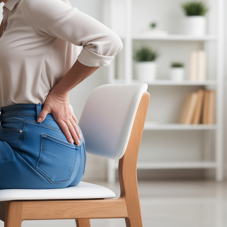 Best exercises for hip pain: person sitting at a desk holds their hip, showing discomfort while seated.